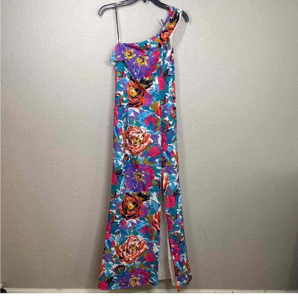 Black Halo Eve Size 0 Dolan Gown One Shoulder Maxi Dress Blue Floral Front Slit